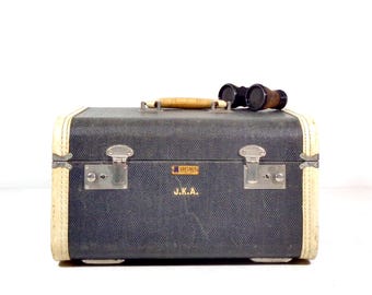 Vintage Train Case, 1940s Blue Tweed White Leather Hard Shell Cosmetic Travel Case Suitcase, Antique Mid Century Luggage Decor Prop