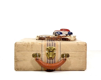 Vintage Suitcase, 1930s Striped Faux Tweed Small Suitcase Train Case with Leather Handle Tan Brown, Antique Luggage Decor Prop
