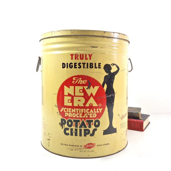Vintage Advertising Tin, 1960s New Era Potato Chip Detroit Michigan Large Bulk Tin Box Can, Art Deco Rustic Farmhouse Storage Decor