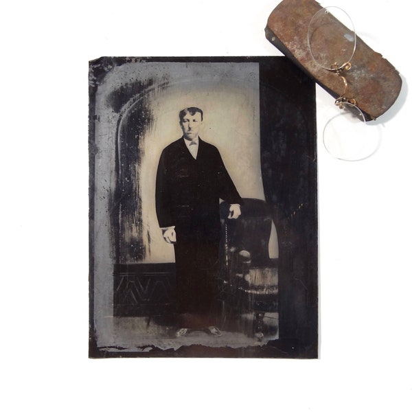 Vintage Tintype Photo of Man with Hand Painted Suit, Large Full Plate Tintype Photograph, Victorian Decor