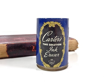 Vintage Carter's Ink Eraser Advertising Tin and Bottle, 1940s Art Deco Decor