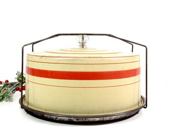 Vintage Metal Cake Carrier Round, 1930s Dessert Pie Holder Keeper White Red Striped, Kitchen Storage, Antique Rustic Farmhouse Cottage Decor