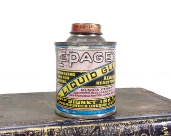 Vintage Advertising Tin, 1910s Lepage's Liquid Glue Tin Can Bottle, Antique Art Deco Rustic Farmhouse Office Home Decor