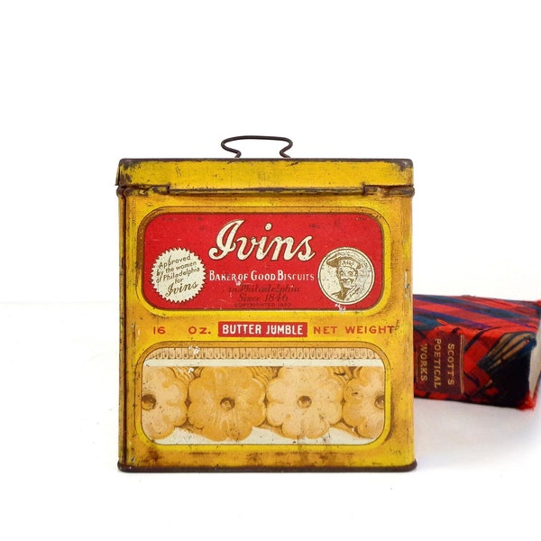 Vintage Biscuit Advertising Tin, 1920s Ivins Butter Jumble Cookie Biscuits Tin, Kitchen Storage Canister, Antique Rustic Farmhouse Decor