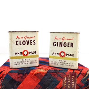 Vintage Spice Tins, 1940s Ann Page Spices Advertising Tin Choice of Cloves or Ginger A&P Company, Antique Mid Century Kitchen Decor Prop