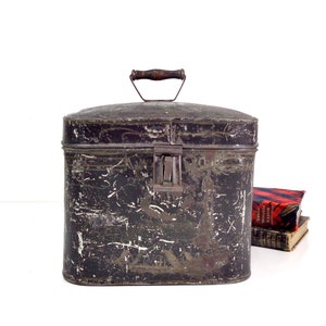 Vintage Metal Lock Box, 1800s Toleware Painted Metal Bank Lunch Box Tin Black, Antique Industrial Rustic Primitive Farmhouse Storage Decor