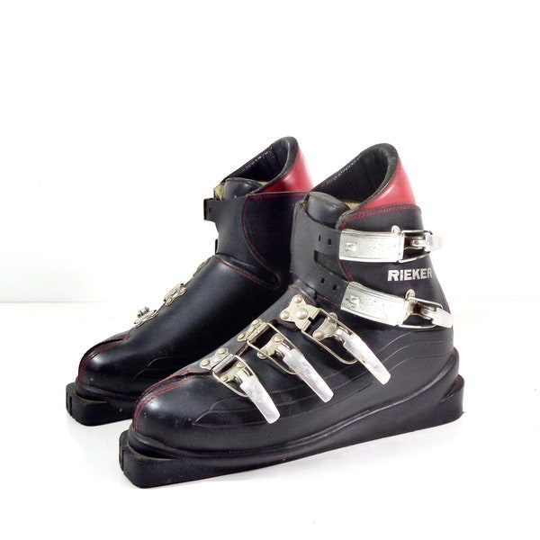 Vintage Ski Boots, 1960s Rieker Black and Red Leather Downhill Snow Ski Boots Set Pair 10.5, Rustic Lodge Chalet Cabin Winter Sports Decor