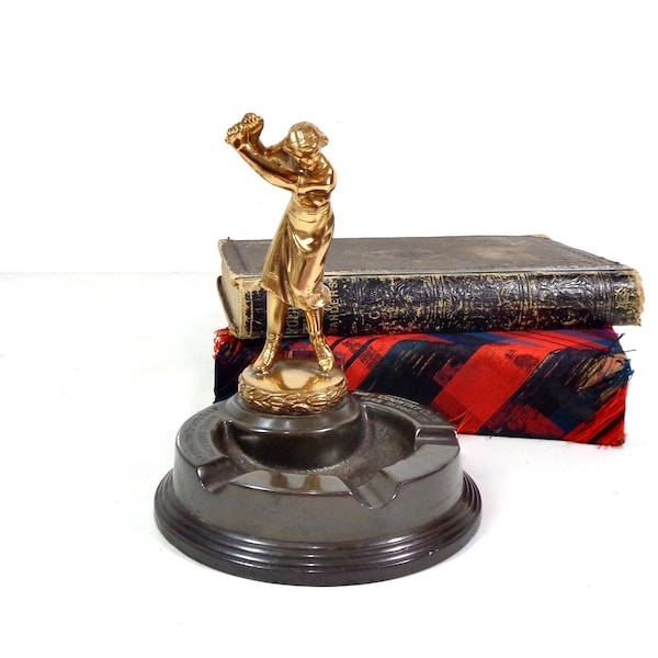Vintage Trophy, 1940s Women's Washington County Golf & Country Club Presidents Trophy Ashtray Brass Metal, Antique Sports Memorabilia Decor