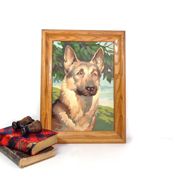 Vintage Paint By Number Painting, 1950s Mid Century German Shepherd Dog Framed Paint By Numbers Painting, Retro Rustic Cabin Lodge Decor