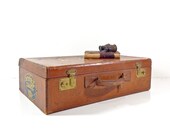 Vintage Suitcase, 1940s Brown Leather Suitcase with University of Notre Dame Football Stickers, Vintage Luggage