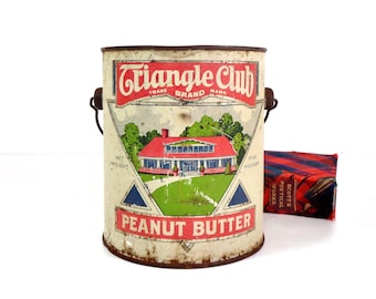 Vintage Advertising Tin, 1920s Montgomery Ward Triangle Club Peanut Butter 5 Ib. Tin Pail Bucket, Antique Rustic Farmhouse Art Deco Decor