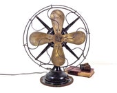 Vintage Robbins and Myers Electric Fan Working R M 12 quot Brass Blade Model 3804 Oscillating 3 Speed Table Top Desk Fan Industrial Decor