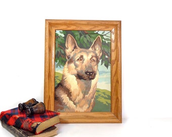 Vintage Paint By Number Painting, 1950s Mid Century German Shepherd Dog Framed Paint By Numbers Painting, Retro Rustic Cabin Lodge Decor