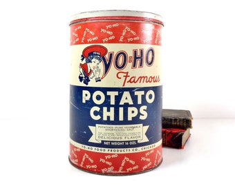 Vintage Advertising Tin, 1940s Yo-Ho Potato Chips Chicago Illinois 1 Ib. Tin Can Box, Antique Mid Century Art Deco Rustic Farmhouse Decor