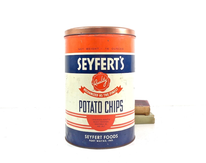 Vintage Advertising Tin, 1950s Seyfert's Potato Chips Fort Wayne Indiana Advertising Tin Can Box