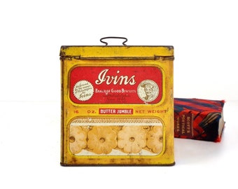 Vintage Biscuit Advertising Tin, 1920s Ivins Butter Jumble Cookie Biscuits Tin, Kitchen Storage Canister, Antique Rustic Farmhouse Decor
