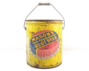 Vintage Advertising Bucket, 1950s Mason's Root Beer Large Bulk Metal Soda Fountain Syrup Pail, Mid Century Rustic Farmhouse Storage Decor