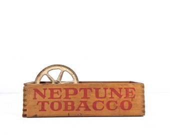 Vintage Wood Tobacco Box, 1910s Neptune Tobacco Advertising Wooden Box Crate, Antique Rustic Farmhouse Primitive Decor, Small Storage Box