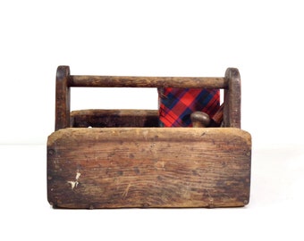 Vintage Wood Tote, Antique Handmade Primitive Wooden Tool Caddy Box Toolbox Carrier Organizer, Rustic Industrial Farmhouse Storage Decor