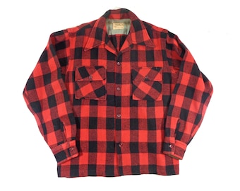 Vintage Wool Hunting Coat, 1950s Raja by Maryland Sportswear Men's Size M Medium Red Black Buffalo Plaid Mackinaw Jacket, Vintage Clothing