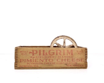 Vintage Wooden Cheese Box, 1920s Pilgrim Pimiento Cheese Wisconsin Advertising Small Wood Box, Antique Rustic Farmhouse Storage Decor