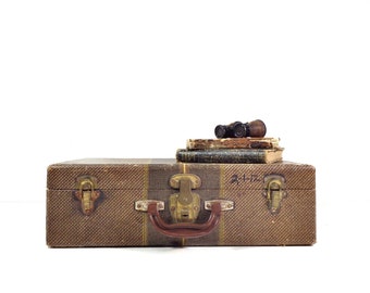 Vintage Suitcase, 1930s Brown and Yellow Striped Faux Tweed Suitcase, Vintage Luggage Decor Prop