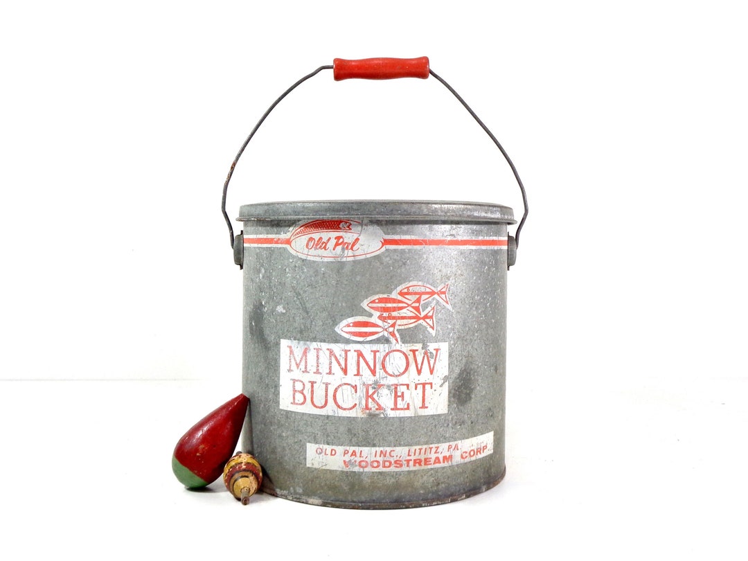 Vintage Minnow Bucket, 1950s Old Pal Metal Fishing Bait Bucket Pail