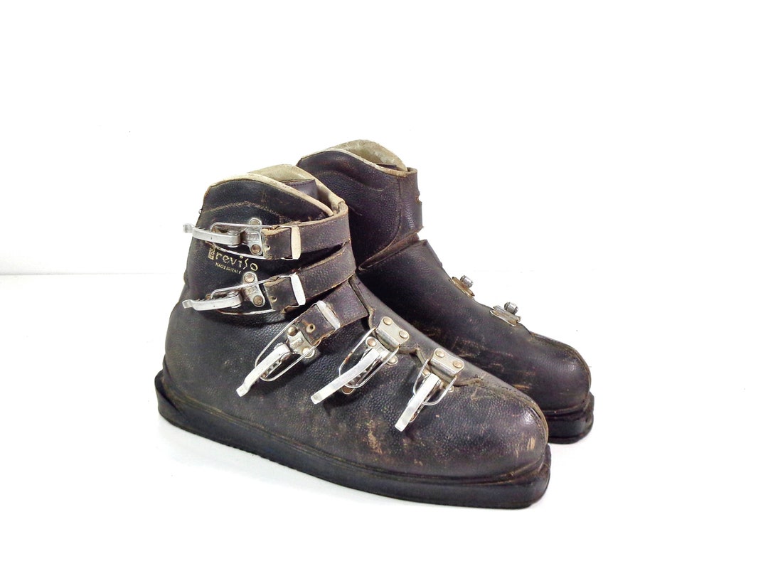 Bottes De Ski Enfant Vintage - Cuir Et Métal - Jeux Olympiques Grenoble 1968 - Rare