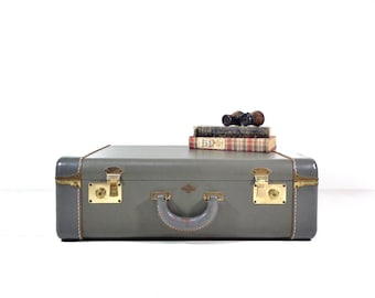 Vintage Tweed Suitcase, 1940s Travel Joy Blue Tweed and Leather Suitcase, Antique Mid Century Luggage Decor Prop