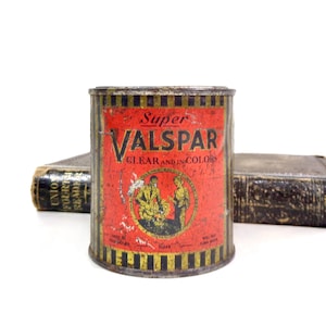 Vintage Advertising Tin, 1930s Super Valspar Varnish Tin Small Orange Gold Black Striped, Antique Art Deco Rustic Industrial Farmhouse Decor