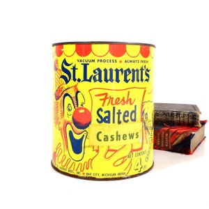 Vintage Advertising Tin, 1960s St. Laurent&#39;s Cashew Peanuts 4 Ib. Container Yellow Circus Clowns, Mid Century Rustic Farmhouse Storage Decor