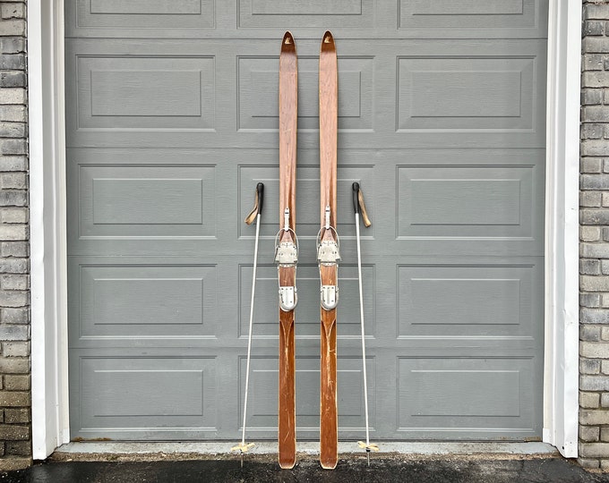 Vintage Wooden Skis and Poles, 1940s Lund Alf Engen Hickory Wood