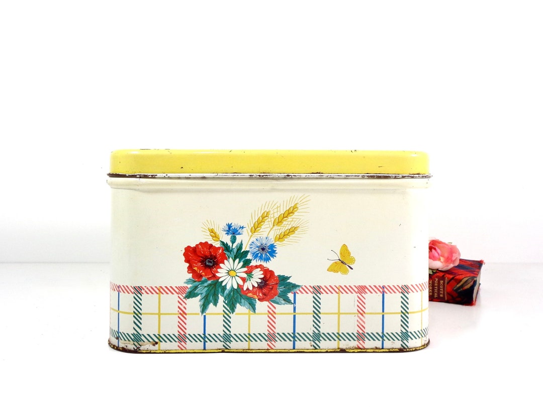 Vintage Bread Box, 1950s Floral Butterfly Flowers Plaid Metal Breadbox