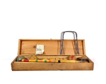 Vintage Croquet Set, 1910s H. Rademaker & Sons Grand Rapids Michigan 4 Person Lawn Game Set in Original Wooden Box, Antique Sports Decor