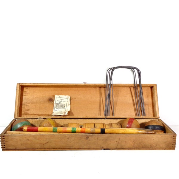 Vintage Croquet Set, 1910s H. Rademaker & Sons Grand Rapids Michigan 4 Person Lawn Game Set in Original Wooden Box, Antique Sports Decor