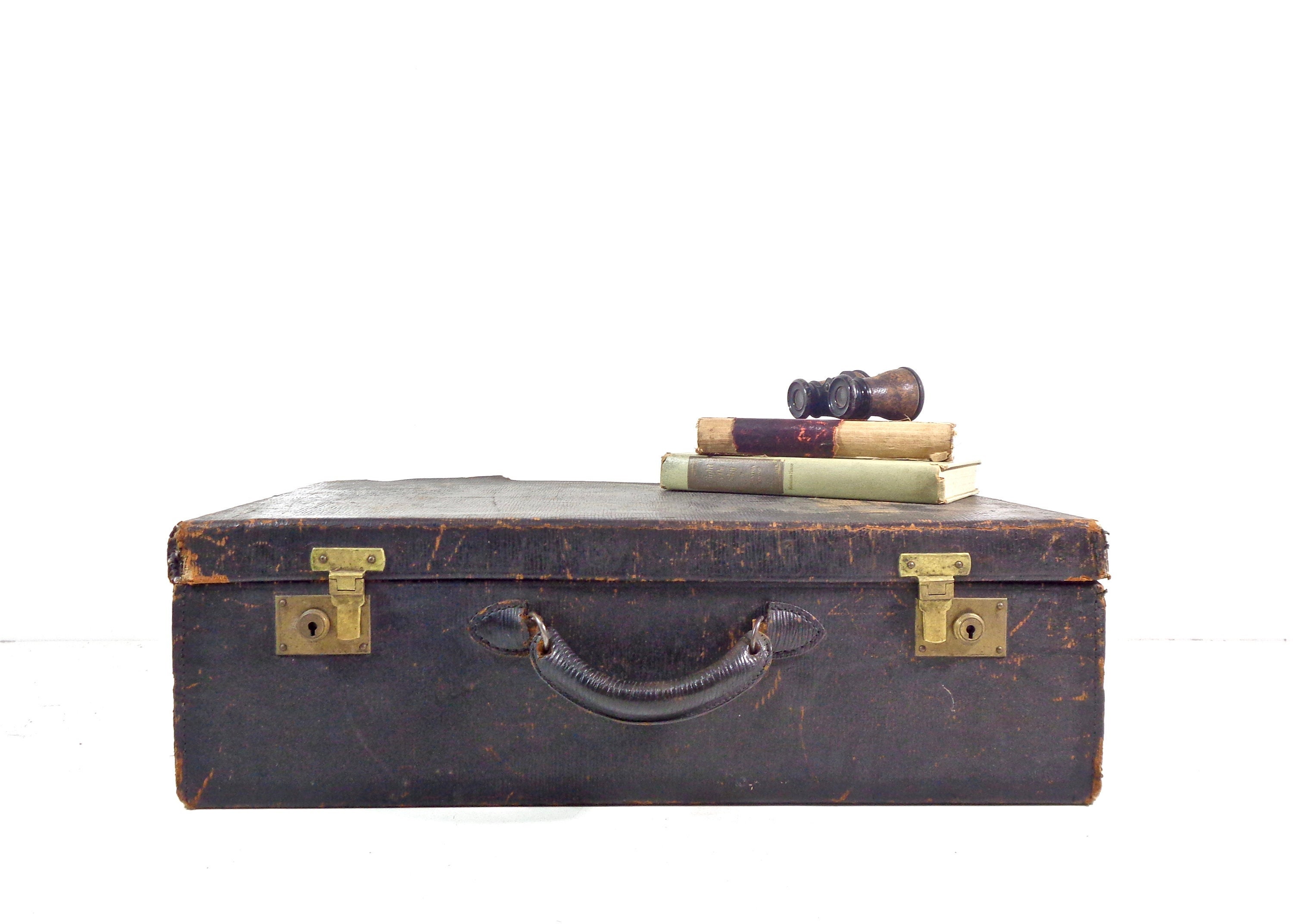 1920s-1930s Black Leather Suitcase Distressed Leather 