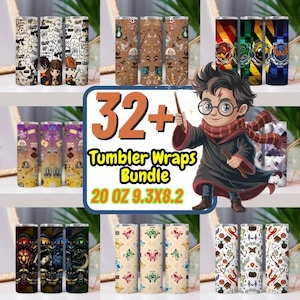 May include: A bundle of 32+ tumbler wraps, 20 oz, 9.3 x 8.2 inches, featuring various designs. The image includes wraps with cartoon characters, themed patterns, and house crests. The text on the image says "Tumbler Wraps Bundle".