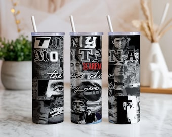 Paquete de 2 diseños de vasos térmicos con temática de jefe criminal en blanco y negro – Vaso térmico delgado de 20 oz PNG, diseño de collage de película de mafia para sublimación, descarga digital