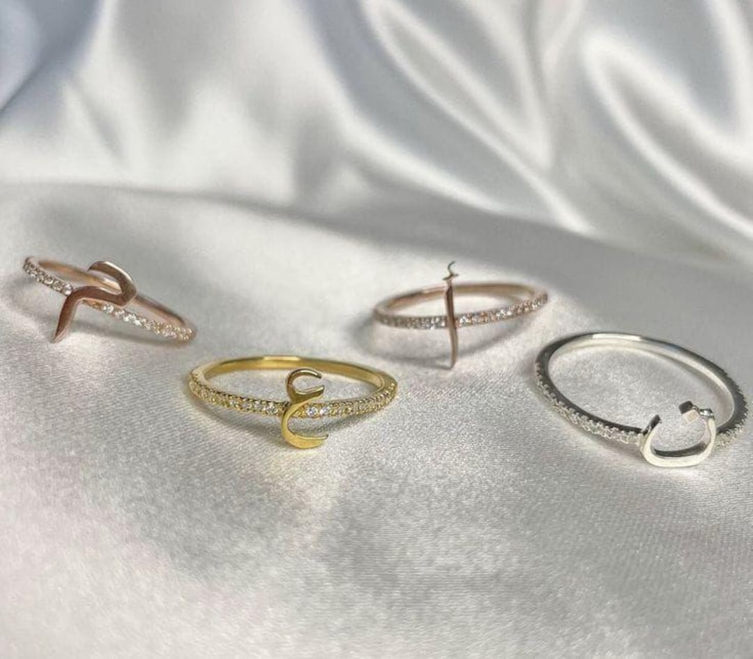 Personalized Arabic Letter Ring, Gold Silver Pavé Band, Minimalist Name ...