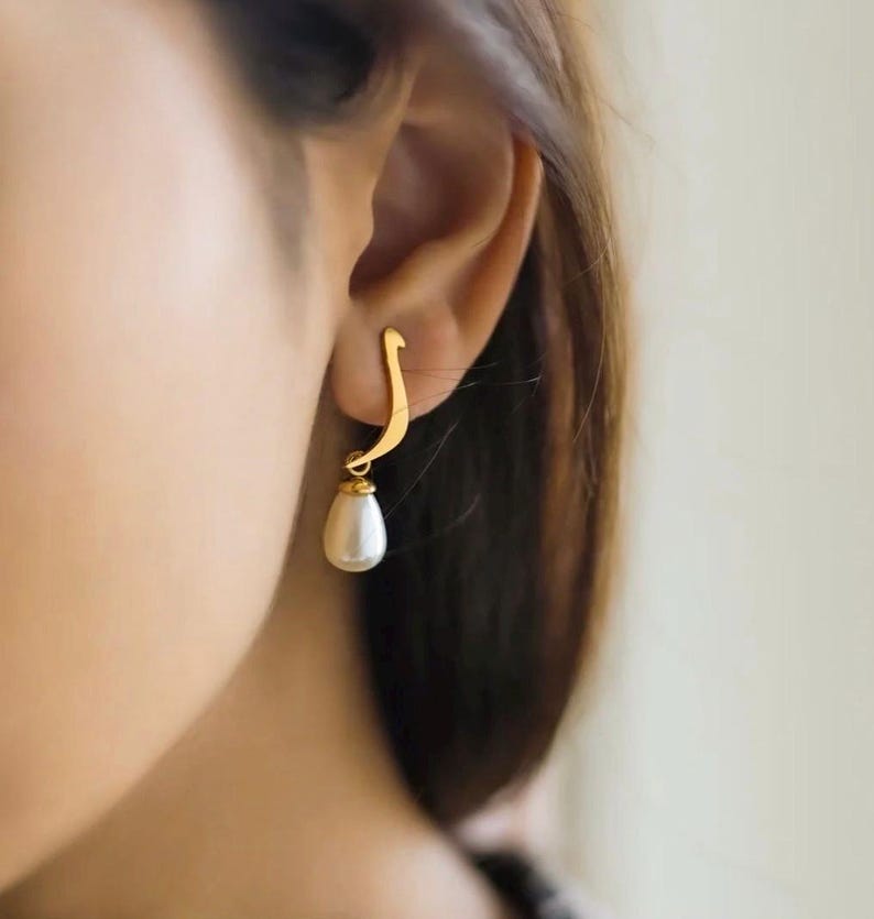 Personalized Arabic Initial Earrings – 24k Gold Plated Pearl Drop image 13