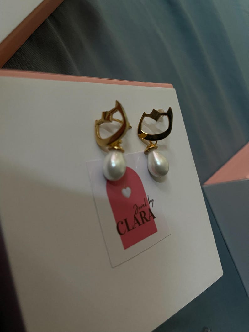 Personalized Arabic Initial Earrings – 24k Gold Plated Pearl Drop image 9