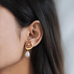 Personalized Arabic Initial Earrings – 24k Gold Plated Pearl Drop image 2