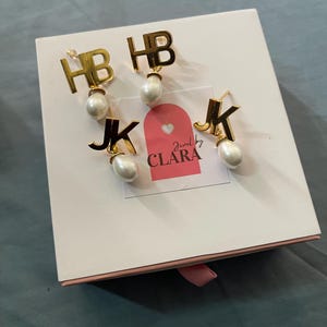 Personalized Arabic Initial Earrings – 24k Gold Plated Pearl Drop image 16
