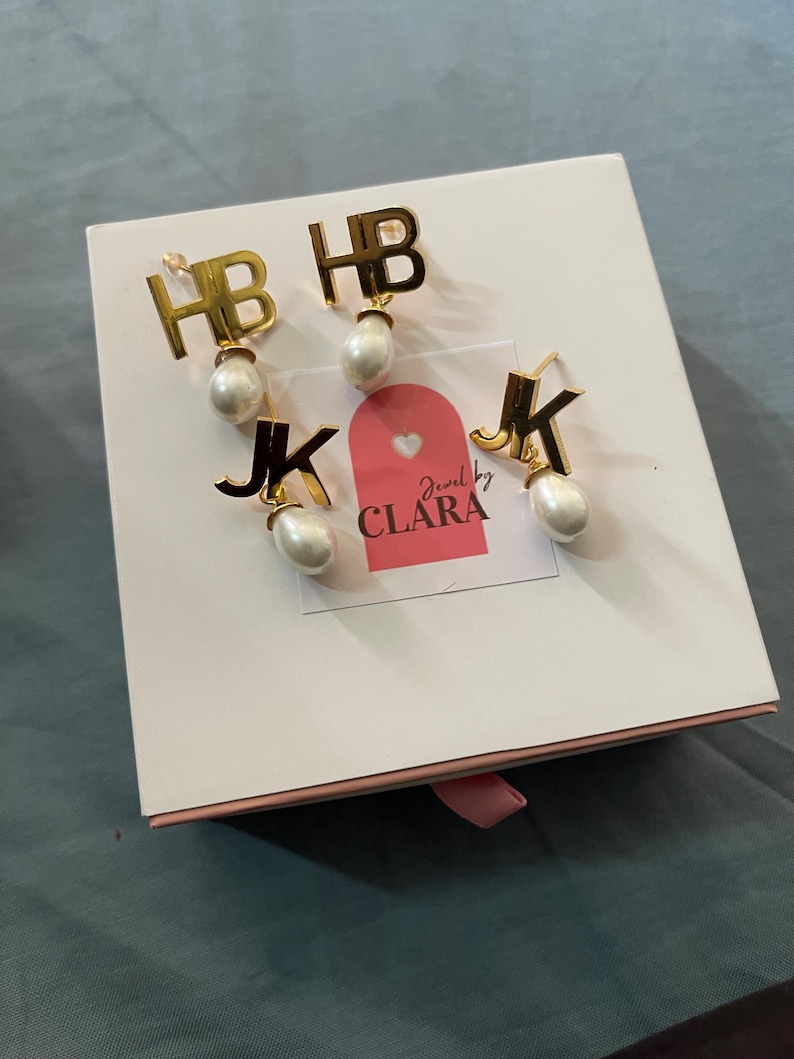 Personalized Arabic Initial Earrings – 24k Gold Plated Pearl Drop image 16