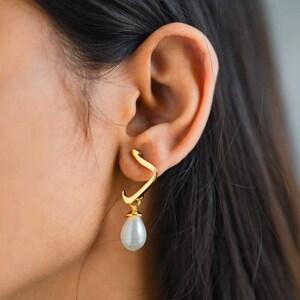 Personalized Arabic Initial Earrings – 24k Gold Plated Pearl Drop image 3