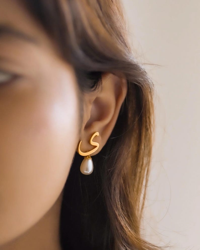 Personalized Arabic Initial Earrings – 24k Gold Plated Pearl Drop image 15