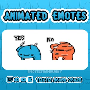 Könnte beinhalten: Animierte Emotes auf blauem Hintergrund mit cartoonartigen, katzenartigen Charakteren. Der Text "ANIMATED EMOTES" steht oben. Das Bild enthält "YES"- und "No"-Emotes sowie Social-Media-Symbole und Größen: 112x112, 56x56 und 28x28.