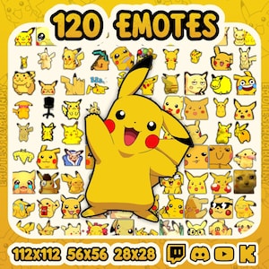 May include: A yellow graphic featuring Pikachu with 120 emotes. The emotes are various Pikachu expressions and poses. The image includes text that says "120 Emotes" and the sizes 112x112, 56x56, and 28x28. The background is yellow.