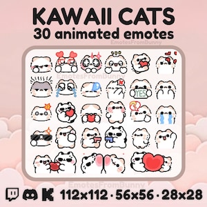 Gatos Kawaii / 30 Emotes Animados / Emoji de Gato Esponjoso / Twitch, Discord, YouTube, Kick / GIF