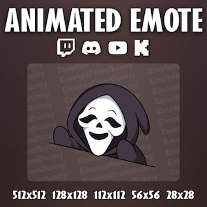 Könnte beinhalten: Animierter Emote mit einer Cartoonfigur in einem schwarzen Kapuzenmantel mit weißer Maske und lächelndem Gesicht. Der Text "ANIMATED EMOTE" und Social-Media-Symbole sind enthalten. Verschiedene Größen sind angegeben.